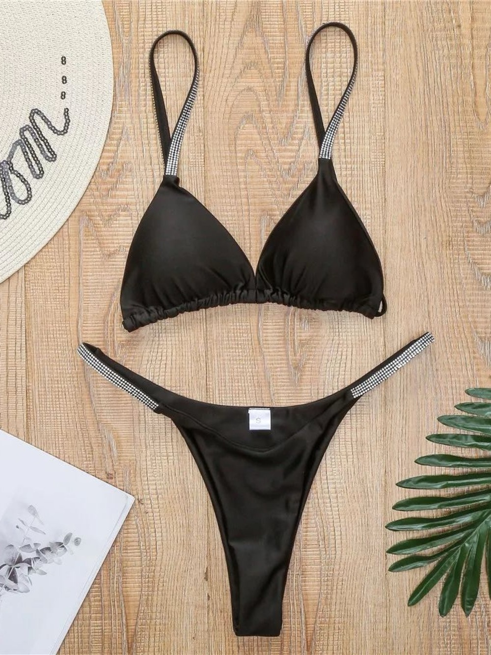 Black Rhinestone Strap Triangle Bikini Set